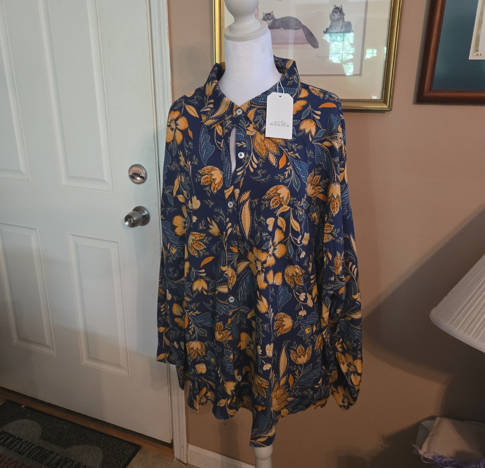 Women's Navy Floral Button-Up Shirt with Yellow Print